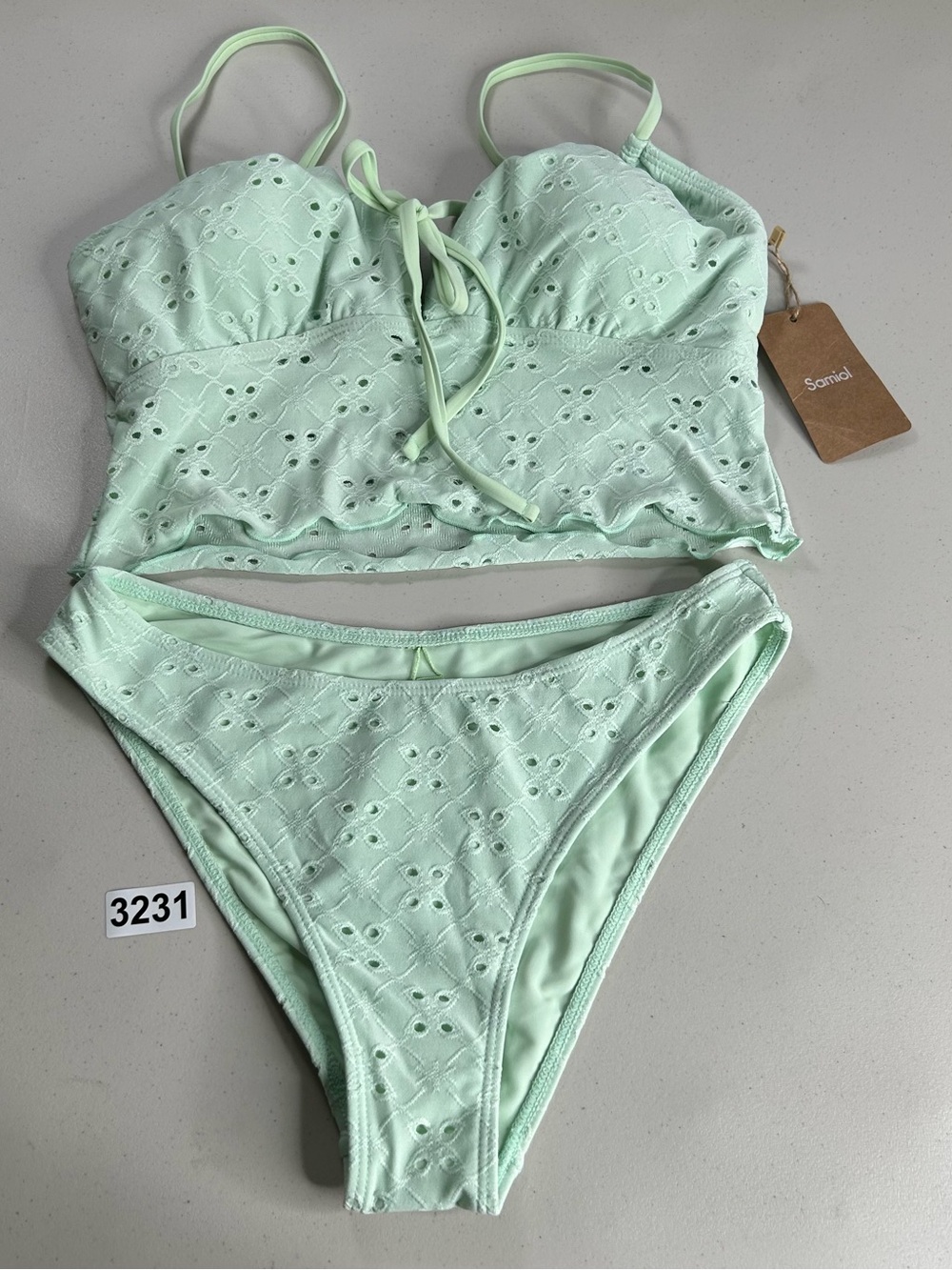 Samiol Tankini Bikini Set Medium Green Textured Cut Out Swimwear New